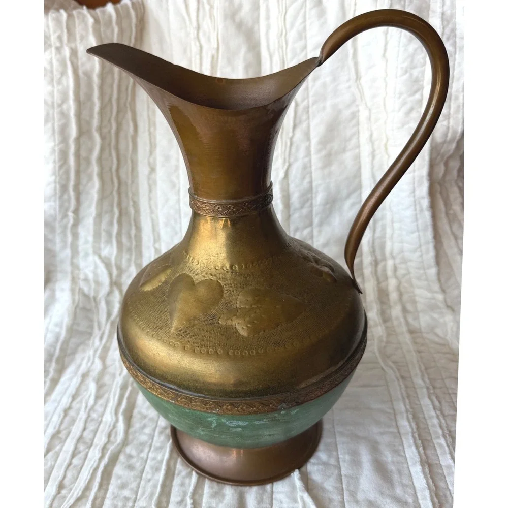 Vintage Copper Brass Decorative Pitcher Vase Embossed Patina Home Decor 12in
